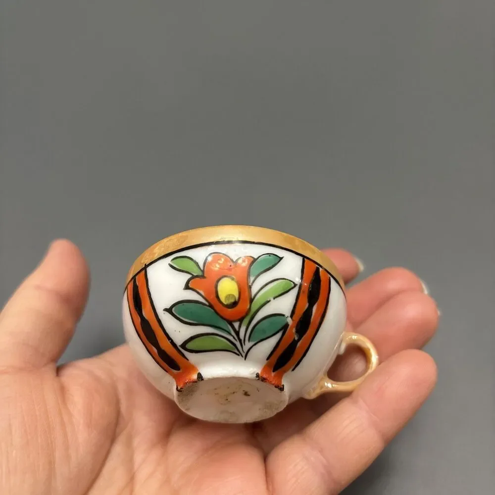 Vintage Miniature Cup & Saucer White & Orange Ceramic Floral Made In Japan